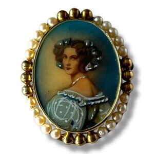 Vintage Hand Painted Portrait Empress Sisi Brooch Seed Pearl & 12K Gold Filled